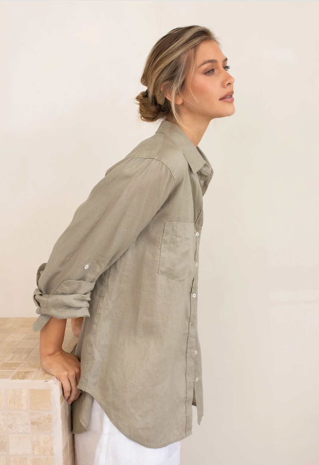 The Boyfriend Linen Shirt in Biscuit by HUT