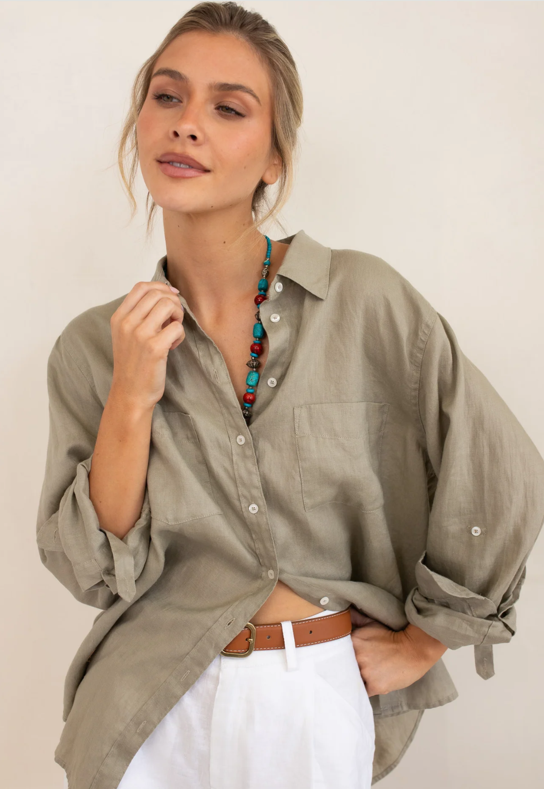 The Boyfriend Linen Shirt in Biscuit by HUT