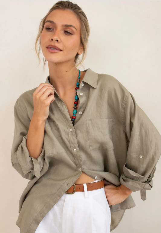 The Boyfriend Linen Shirt in Biscuit by HUT