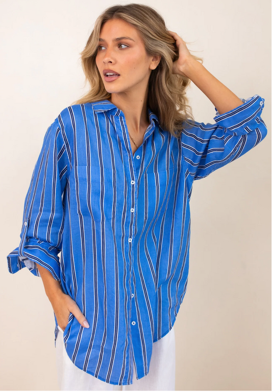 The Boyfriend Linen Shirt in Cafe Bleu by HUT