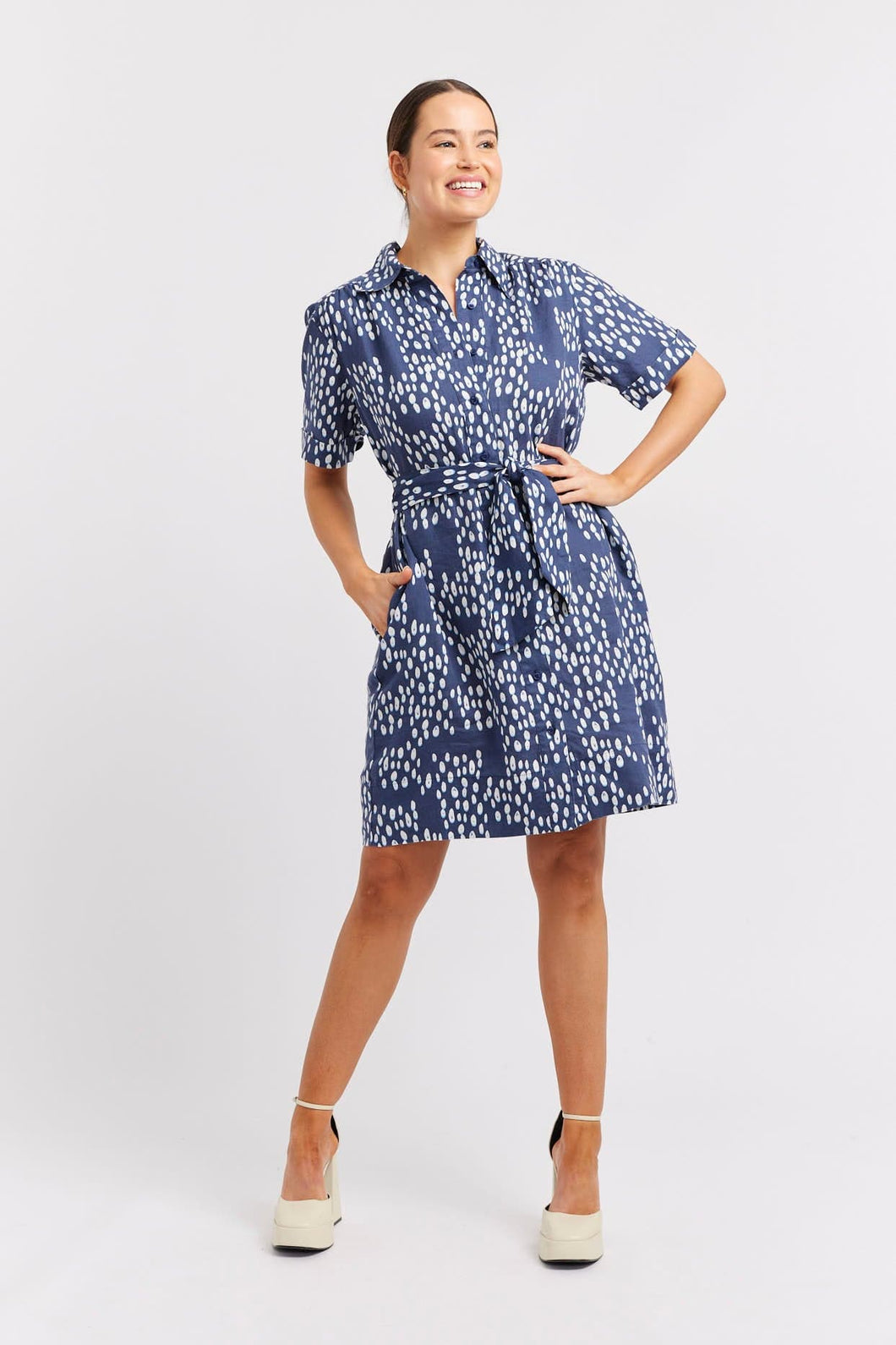 Odyssey Martini Linen Dress in Navy by Alessandra