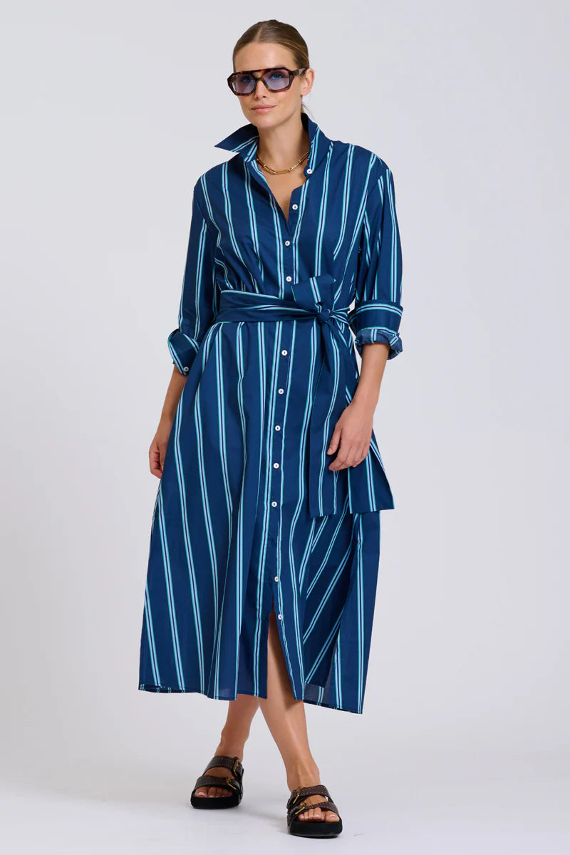 Luna Long Line Oversized Shirt Dress in Navy with Green Stripe by Shirty